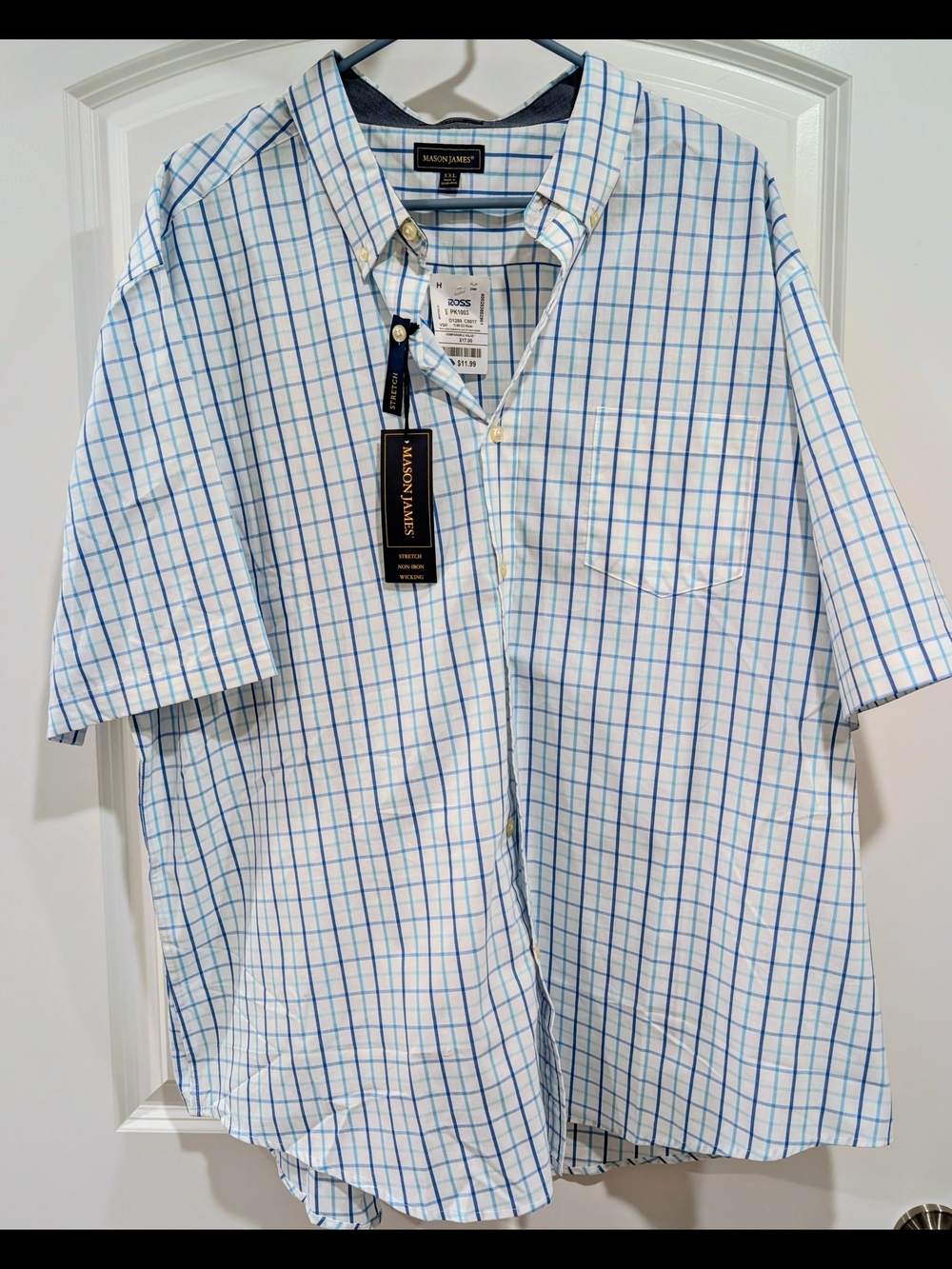 NWT Mason James Men's Short-Sleeve Button-Down Shirt Blue/White Plaid Size XXL